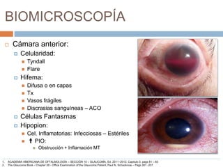 BIOMICROSCOPÍA
 Cámara anterior:
 Celularidad:
 Tyndall
 Flare
 Hifema:
 Difusa o en capas
 Tx
 Vasos frágiles
 Discrasias sanguíneas – ACO
 Células Fantasmas
 Hipopion:
 Cel. Inflamatorias: Infecciosas – Estériles
 PIO:
 Obstrucción + Inflamación MT
1. ACADEMIA AMERICANA DE OFTALMOLOGÍA – SECCIÓN 10 – GLAUCOMA, Ed. 2011 -2012, Capitulo 3, pags 81 – 83
2. The Glaucoma Book - Chapter 28 - Office Examination of the Glaucoma Patient, Paul N. Schacknow – Pags 301 -337
 