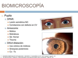 BIOMICROSCOPÍA
 Pupila
 DPAR:
 Lesión asimétrica NO
 Correlaciona con defecto en CV
 Anisocoria:
 Miótico
 Midriáticos
 Sd. Horner
 Trauma
 Difícil dilatación:
 Uso crónico de mióticos
 Sinequias posteriores
 Cx - Tx
1. ACADEMIA AMERICANA DE OFTALMOLOGÍA – SECCIÓN 10 – GLAUCOMA, Ed. 2011 -2012, Capitulo 3, pags 81 – 83
2. The Glaucoma Book - Chapter 28 - Office Examination of the Glaucoma Patient, Paul N. Schacknow – Pags 301 -337
 