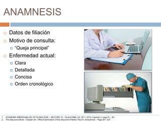 ANAMNESIS
 Datos de filiación
 Motivo de consulta:
 “Queja principal”
 Enfermedad actual:
 Clara
 Detallada
 Concisa
 Orden cronológico
1. ACADEMIA AMERICANA DE OFTALMOLOGÍA – SECCIÓN 10 – GLAUCOMA, Ed. 2011 -2012, Capitulo 3, pags 81 – 83
2. The Glaucoma Book - Chapter 28 - Office Examination of the Glaucoma Patient, Paul N. Schacknow – Pags 301 -337
 