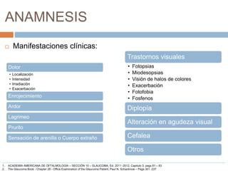 ANAMNESIS
 Manifestaciones clínicas:
Dolor
• Localización
• Intensidad
• Irradiación
• Exacerbación
Enrojecimiento
Ardor
Lagrimeo
Prurito
Sensación de arenilla o Cuerpo extraño
Trastornos visuales
• Fotopsias
• Miodesopsias
• Visión de halos de colores
• Exacerbación
• Fotofobia
• Fosfenos
Diplopía
Alteración en agudeza visual
Cefalea
Otros
1. ACADEMIA AMERICANA DE OFTALMOLOGÍA – SECCIÓN 10 – GLAUCOMA, Ed. 2011 -2012, Capitulo 3, pags 81 – 83
2. The Glaucoma Book - Chapter 28 - Office Examination of the Glaucoma Patient, Paul N. Schacknow – Pags 301 -337
 