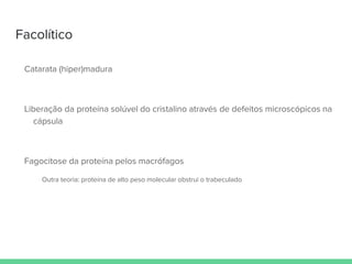 Facolítico
Catarata (hiper)madura
Liberação da proteína solúvel do cristalino através de defeitos microscópicos na
cápsula
Fagocitose da proteína pelos macrófagos
Outra teoria: proteína de alto peso molecular obstrui o trabeculado
 