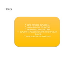 .
• TYPES
 LENS INDUCED GLAUCOMA
 GLAUCOMA DUE TO UVEITIS
 NEUROVASULAR GLAUCOMA
 GLAUCOMA ASSOCIATED WITH INTRA OCULAR
TUMOR.
 STEROID INDUCED GLAUCOMA
 