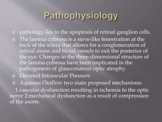  pathology lies in the apoptosis of retinal ganglion cells.
 The lamina cribrosa is a sieve-like fenestration at the
back of the sclera that allows for a conglomeration of
retinal axons and blood vessels to exit the posterior of
the eye. Changes in the three-dimensional structure of
the lamina cribrosa have been implicated in the
pathogenesis of glaucomatous optic atrophy.
 Elevated Intraocular Pressure
 Aqueous Outflow two main proposed mechanisms
1.vascular dysfunction resulting in ischemia to the optic
nerve 2.mechanical dysfunction as a result of compression
of the axons.
 