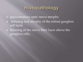  glaucomatous optic nerve atrophy
 thinning and atrophy of the retinal ganglion
cell layer
 thinning of the nerve fiber layer above the
ganglion cells.
 