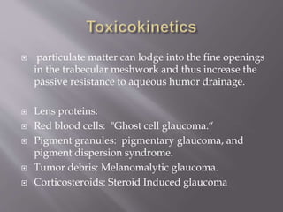  particulate matter can lodge into the fine openings
in the trabecular meshwork and thus increase the
passive resistance to aqueous humor drainage.
 Lens proteins:
 Red blood cells: "Ghost cell glaucoma.“
 Pigment granules: pigmentary glaucoma, and
pigment dispersion syndrome.
 Tumor debris: Melanomalytic glaucoma.
 Corticosteroids: Steroid Induced glaucoma
 