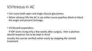 V)Vitreous in AC
• Can cause both open and angle closure glaucomas.
• When vitreous fills the AC it can either cause pupillary block or block
the angle and prevent drainage.
• VI) Steroid responders:
If IOP starts rising only a few weeks after surgery, then a positive
steroid response has to be kept in mind
Usually this can be verified rather easily by stopping the steroid
treatment.
 