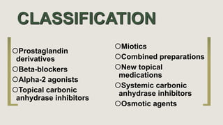 CLASSIFICATION
Miotics
Combined preparations
New topical
medications
Systemic carbonic
anhydrase inhibitors
Osmotic agents
Prostaglandin
derivatives
Beta-blockers
Alpha-2 agonists
Topical carbonic
anhydrase inhibitors
 