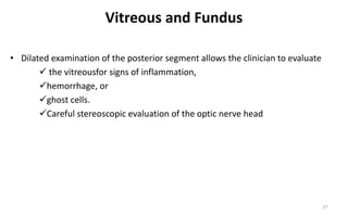 Vitreous and Fundus
• Dilated examination of the posterior segment allows the clinician to evaluate
 the vitreousfor signs of inflammation,
hemorrhage, or
ghost cells.
Careful stereoscopic evaluation of the optic nerve head
27
 