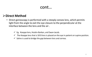 cont…
Direct Method
• Direct gonioscopy is performed with a steeply convex lens, which permits
light from the angle to exit the eye closure to the perpendicular at the
interface between the lens and the air .
 Eg. Koeppe lens, Hoskin-Barkan, and Swan-Jacob.
 The Koeppe lens that is 50 D lens is placed on the eye in patient on supine position.
 Saline is used to bridge the gap between lens and cornea.
31
 