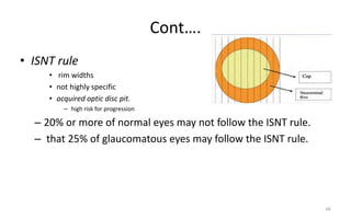 Cont….
• ISNT rule
• rim widths
• not highly specific
• acquired optic disc pit.
– high risk for progression
– 20% or more of normal eyes may not follow the ISNT rule.
– that 25% of glaucomatous eyes may follow the ISNT rule.
48
 