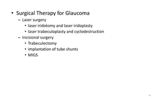 • Surgical Therapy for Glaucoma
– Laser surgery
• laser iridotomy and laser iridoplasty
• laser trabeculoplasty and cyclodestruction
– Incisional surgery
• Trabeculectomy
• implantation of tube shunts
• MIGS
76
 