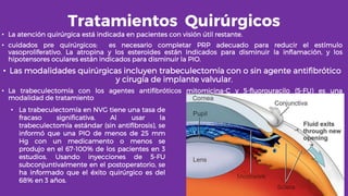 Tratamientos Quirúrgicos
• La atención quirúrgica está indicada en pacientes con visión útil restante.
• cuidados pre quirúrgicos: es necesario completar PRP adecuado para reducir el estímulo
vasoproliferativo. La atropina y los esteroides están indicados para disminuir la inflamación, y los
hipotensores oculares están indicados para disminuir la PIO.
• Las modalidades quirúrgicas incluyen trabeculectomía con o sin agente antifibrótico
y cirugía de implante valvular.
• La trabeculectomía con los agentes antifibróticos mitomicina-C y 5-fluorouracilo (5-FU) es una
modalidad de tratamiento
• La trabeculectomía en NVG tiene una tasa de
fracaso significativa. Al usar la
trabeculectomía estándar (sin antifibrosis), se
informó que una PIO de menos de 25 mm
Hg con un medicamento o menos se
produjo en el 67-100% de los pacientes en 3
estudios. Usando inyecciones de 5-FU
subconjuntivalmente en el postoperatorio, se
ha informado que el éxito quirúrgico es del
68% en 3 años.
 