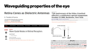 Waveguidingpropertiesoftheeye
JournaloftheOpticalSocietyofAmerica
Vol.39,Issue4,pp.324-324(1949)•
https://doi.org/10.1364/JOSA.39.000324
http://dx.doi.org/10.1126/science.133.3461.1353
http://dx.doi.org/10.1080/09500340903023766
The cones are actually directionally sensitive light pipes. Because of their elongated
shape and because the pigment is at the bottom of the cells, they are most responsive
to light coming from the center of the pupil than the periphery (they are pointed towards
the center of the pupil). This is called the Stiles-Crawford effect, and reduces the
detrimental effects ofany light scatter as well as spherical aberration on the retina. Rods
do not share this property as strongly and (fortunately) are more sensitive to all light
hittingthem. http://faculty.virginia.edu/ASTR3130/lectures/humaneye/humaneye.html
 