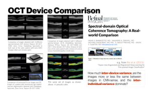 OCTDeviceComparison
Comparison of images obtained with 3 different
spectral-domain OCT devices (Topcon 3D OCT-
1000, Zeiss Cirrus, Heidelberg Spectralis) of
both eyes of the same patient with early AMD
changes taken just minutes apart.
Comparison of images obtained with 3 different
spectral-domain OCTs (Heidelberg Spectralis,
Optovue RTVue, Topcon 3D OCT-1000) and
with 1 time-domain OCT (Zeiss Stratus) of both
eyes of the same patient with a history of central
serous chorioretinopathy in both eyes.
The same set of images as shown
above in pseudo color.
Comparison of horizontal B-scan images and 3D
images of a patient with neovascular age-related
macular degeneration obtained with Heidelberg
Spectralis, Zeiss Cirrus, Topcon 3D OCT-1000.
Spectral-domain Optical
Coherence Tomography: A Real-
world Comparison
IRENE A. BARBAZETTO, MD · SANDRINE A. ZWEIFEL, MD ·
MICHAEL ENGELBERT, MD, PhD · K. BAILEY FREUND, MD · JASON
S. SLAKTER, MD retinalphysician.com
e.g. from Xie et al. (2015):
“Hyper-class Augmented and Regularized Deep Learning for
Fine-grained Image Classification”
How much inter-device variance, are the
images more or less the same between
images in CNN-sense, and the inter-
individual variance dominate?
 