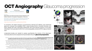 http://dx.doi.org/10.1016/j.ophtha.2016.09.002
Left eye of a primary open-angle glaucoma patient with b-zone parapapillary atrophy (bPPA) deep-layer microvasculature dropout on the
choroidal vessel density map of the optic nerve head optical coherence tomography (OCT) angiography scan. The patient has a
diastolic blood pressure of 79 mmHg and total choroidal thickness of 93 mm. A, B, Retinal nerve fiber layer (RNFL) defects (outside
normal limits identified in red) in the inferotemporal (IT) and inferonasal (IN) sectors (black arrowheads) were noted on (A) spectral-domain
OCT. Retinal nerve fiber layer defects were compatible with superior visual field scotomas observed in (B) the pattern standard deviation
plots of the standard automated perimetry. C, D, En face (C) and horizontal (D) B-scans of sweptsource OCT images. C2 and D2 are the
same images as C1 and D1, but are labeled to indicate the horizontal scan location (large blue arrows) through the focal lamina cribrosa
(LC) defect. A focal LC defect was located mainly in the IT sector (red arrows; C2 and D2). E, Vessel density map of the RNFL (E1) and the
same image including an 8-sector circle with vessel density values for each sector (E2). Notable vessel density reduction in the
corresponding IT and IN sectors (black outlined red arrowheads) was observed. F, G, En face (F1, F2, and F3) and horizontal (G1 and G2)
B-scans of choroidal layer vessel density maps. F2 and F3 are same as F1, and G2 is the same as G1. F2 and G2 contain large blue
arrows indicating the location of the horizontal B-scan. Well-delineated deep-layer microvasculature dropout (yellow outlines) within the
bPPA (green outlines; F2 and G2) were observed mainly in the IT sector (F3).
In conclusion, the higher frequency of focal lamina cribrosa (LC) defects, more advanced
glaucoma, reduced circumpapillary RNFL vessel density, thinner choroidal thickness, and
lower diastolic BP were associated significantly with OCTA-derived dropout of the deep
retinal layer microvasculature within the b-zone parapapillary atrophy (bPPA) in glaucomatous
eyes.
Longitudinal studies are needed to assess quantitatively the density of the deep-layer
microvasculature and to evaluate itstemporal relationship with glaucoma progression.
OCTAngiography Glaucoma progression
 
