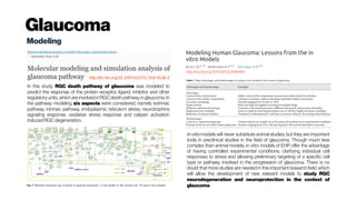 Glaucoma
Modeling
http://dx.doi.org/10.1159/000448480
http://dx.doi.org/10.1007/s13721-016-0136-3
In this study, RGC death pathway of glaucoma was modeled to
predict the response of the protein receptor, ligand, inhibitor and other
regulatory units, which are involved in RGC death pathway in glaucoma. In
the pathway modeling six aspects were considered, namely extrinsic
pathway, intrinsic pathway, endoplasmic reticulum stress, neurotrophins
signaling response, oxidative stress response and calpain activation
induced RGCdegeneration.
In vitro models will never substitute animal studies, but they are important
tools in preclinical studies in the field of glaucoma. Though much less
complex than animal models, in vitro models of EHP offer the advantage
of having controlled experimental conditions, clarifying individual cell
responses to stress and allowing preliminary targeting of a specific cell
type or pathway involved in the progression of glaucoma. There is no
doubt that more studies are needed in this important research field, which
will allow the development of new relevant models to study RGC
neurodegeneration and neuroprotection in the context of
glaucoma.
 