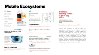MobileEcosystems
Apple HealthKit
https://developer.apple.com/healthkit/
theophthalmologist.com/issues/0716
“Despite the availability of multiple health data
aggregation platforms such as Apple’s HealthKit,
Microsoft’s Health, Samsung’s S Health, Google Fit,
and Qualcomm Health, the public will need to be
convinced that such platforms provide long-term
security of health information. In the rapidly
developing business opportunities represented by the
worlds of ehealth and mhealth, the blurring of the lines
between consumer goods and medical devices will be
further tested by the consumer goods industry hoping
not to come under the scrutiny of the FDA.”
meddeviceonline.com
http://www.medscape.com/viewarticle/852779
doi:10.5811%2Fwestjem.2015.12.28781
imedicalapps.com/2016/03/ohiohealth-epic-apple
-health/
http://www.wareable.com/sport/googl
e-fit-vs-apple-health
 