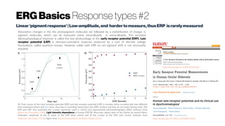 ERGBasics Response types #2
Linear ‘pigmentresponse’| Low-amplitude,and harder tomeasure,thusERP israrely measured
(A) Time course of the early receptor potential (ERP) and late receptor potential (LRP) in monkey retina recorded with two different
time resolutions (black and blue trace, thus due to recording imprecisions the ERPs of black and blue do not match timing-wise). The
ERP and LRP, thus preceded the a-wave commonly used in clinical and experimental electroretinography (ERG) (redrawn from
Brown and Murakami 1964). Light Intensity-dependence of human ERP (B). Abscissae: attenu ation of the flashes by neutral filters.
Ordinates: amplitude of the R2
wave of the ERP (blue circles) and of the a-wave of the ERG (red circles). (redrawn from
Debecker and Zanen 1975). Figure from Doctoral dissertation of Petteri Teikari (2012)
Absorption changes in the the photopigment molecules are followed by a redistribution of charges in
pigment molecules, which can be measured either intracellularly or extracellularly. This recorded
electrophysiological response is called the fast photovoltage or the early receptor potential (ERP). Late
receptor potential (LRP) is stimulus-coincident response produced by a sum of discrete voltage
fluctuations, called quantum bumps. However unlike with ERP no net pigment shift is not necessarily
required.
Arch Ophthalmol 983; 101:1716- 1720
https://www.ncbi.nlm.nih.gov/pubmed/6639427
http://dx.doi.org/10.1002/col.5080070223
http://dx.doi.org/10.1038/201626a0
 