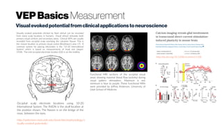 VEPBasics Measurement
Visualevokedpotentialfromclinicalapplicationstoneuroscience
Occipital scalp electrode locations using 10-20
International System. The INION is the skull location at
the position shown. The Nasion is on the bridge of the
nose, between the eyes.
http://webvision.med.utah.edu/book/electrophysiology/v
isually-evoked-potentials/
Visually evoked potentials elicited by flash stimuli can be recorded
from many scalp locations in humans. Visual stimuli stimulate both
primary visual cortices and secondary areas. Clinical VEPs are usually
recorded from occipital scalp overlying the calcarine fissure. This is
the closest location to primary visual cortex (Brodmann’s area 17). A
common system for placing electrodes is the “10-20 International
System” which is based on measurements of head size (Jasper,
1958). The mid-occipital electrode location (OZ) is on the midline.
Functional MRI sections of the occipital visual
areas showing maximal blood flow (activity) during
visual pattern stimulation. Maximum is red,
minimum is blue to purple. These functional MRIs
were provided by Jeffrey Anderson, University of
Utah School of Medicine
http://dx.doi.org/10.1038/ncomms11100
 