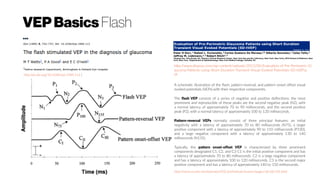 VEPBasics Flash
...
A schematic illustration of the flash, pattern-reversal, and pattern onset-offset visual
evoked potentials (VEPs) with their respective components.
The flash VEP consists of a series of negative and positive deflections; the most
prominent and reproducible of these peaks are the second negative peak (N2), with
a normal latency of approximately 70 to 90 milliseconds, and the second positive
peak (P2), with a normal latency of approximately 100 to 120 milliseconds.
Pattern-reversal VEPs normally consist of three principal features: an initial
negativity with a latency of approximately 70 to 80 milliseconds (N75), a larger
positive component with a latency of approximately 90 to 110 milliseconds (P100),
and a large negative component with a latency of approximately 130 to 140
milliseconds (N135).
Typically, the pattern onset-offset VEP is characterized by three prominent
components designated C1, C2, and C3 C1 is the initial positive component and has
a latency of approximately 70 to 80 milliseconds. C2 is a large negative component
and has a latency of approximately 100 to 120 milliseconds. C3 is the second major
positive component and has a latency of approximately 140 to 150 milliseconds.
http://www.oculist.net/downaton502/prof/ebook/duanes/pages/v8/v8c105.html
http://dx.doi.org/10.1038/eye.1989.113 |
http://www.diopsys.com/wp-content/uploads/2013/06/Evaluation-of-Pre-Perimetric-Gl
aucoma-Patients-using-Short-Duration-Transient-Visual-Evoked-Potentials-SD-tVEP.p
df
 