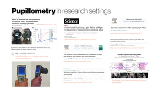 Pupillometry in research settings
http://dx.doi.org/10.1167/15.3.13
http://dx.doi.org/10.4172/2165-7939.S4-004
www.researchgate.net
http://dx.doi.org/10.1126/science.1077293
http://dx.doi.org/10.1016/j.jad.2003.12.016
http://dx.doi.org/10.1007/BF00251818
http://dx.doi.org/10.1016/0014-4886(66)90120-8
http://dx.doi.org/10.1371/journal.pone.0162476
http://jainlab.cise.ufl.edu/documents/DecouplingL
ightReflex.pdf
 