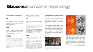 Glaucoma Overview of the pathology
Symptoms ofglaucoma
Glaucoma doesn't usually have any
symptoms to begin with and is often
only picked up during a routine eye
test.
Many people don't realise they
have it because it develops slowly
over many years and tends to cause a
loss of peripheral vision (the edge of
your vision) at first. Without
treatment, it can eventually lead to 
blindness
In glaucoma the vascularization of the
optic nerve head is greatly attenuated.
This is not readily visible from the fundus
photograph (left), whereas the OCT
angiography is a lot more expressive in
terms of distinguishing diseased retina
(PPG) from normal healthy retina
Jia et al. (2012).PPG-Pre-perimetricglaucoma
GlaucomaStatistics
UK
In England, about 480,000
people have chronic open-angle
glaucoma. [NERC]
USA
Over 4 million Americans have
glaucoma but only half of those
know they have it. [GRF]
WORLD
As the second most common cause of
blindness worldwide, Quigley and Broman
estimate that by 2020, 79.6 million people will
be inflicted with glaucoma worldwide, of
which 11.2 million will be predicted to be blind
bilaterally.2 There is no cost-effective
population-based screening program
available at present for detection of
glaucoma.1,4 
GlaucomaCosts
UK
In 2008 sight loss cost at least £6.5 billion
[RNIB]
Eye health now accounts for 4.5m GP
consultations and costs the UK economy
£22bneach year. [gponline]
The mean cost of glaucoma treatment
over the lifetime of the patients was
£3001, with an annual mean cost per
patient of£475.[Rahmanet al. 2013]
USA
Glaucoma accounts for over 7 million
visitstophysicianseach year.
The cost to the U.S. government is
estimated to be over $1.5 billion annually.
[GRF]
In the USA, there is a fourfold increase in
average direct costs per patient (pp), with
the earliest stage of glaucoma costing US
$623pp (AUD $667/€482) and end stage
glaucoma/blindness costing US $2511pp
(AUD $2410/€1740). [Scheetz et al. 2016]
 