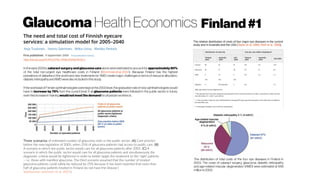 Glaucoma Health Economics Finland #1
http://dx.doi.org/10.1111/j.1755-3768.2009.01532.x
In the early2000s, cataract surgery and glaucoma care alone were estimated to account for approximately 80%
of the total non-urgent eye healthcare costs in Finland (Brommelset al. 2004). Because Finland has the highest
prevalence of diabetes in the world and new treatments for AMD create major challenges in terms of resource allocation,
diabetic retinopathyand AMD werealsoincluded in thisstudy.
If the workload ofFinnish ophthalmologistswere keptat the 2003level, the graduation rateof new ophthalmologistswould
have to increase by 75% from the current level. If all glaucoma patients were followed in the public sector in future,
even thisincrease in training would notmeet the demand for physician workforce.
Three scenarios of estimated number of glaucoma visits in the public sector. (A) Care practice
before the new legislation of 2005, when 25% of glaucoma patients had access to public care. (B)
A scenario in which the public sector would care for all glaucoma patients after 2005. (C) A
scenario in which the public sector would care for all glaucoma patients and simultaneously the
diagnostic criteria would be tightened in order to better target the treatment to the ‘right’ patients
– i.e. those with manifest glaucoma. The third scenario assumed that the number of treated
glaucoma patients could safely be reduced by 25% because it has been reported that more than
half of glaucoma patients treated in Finland do not have the disease (
Vaahtoranta-Lehtonen et al. 2007).
The relative distribution of costs of four major eye diseases in the current
study and in Australia and the USA (Taylor et al. 2006; Rein et al. 2006).
The distribution of total costs of the four eye diseases in Finland in
2003. The costs of cataract surgery, glaucoma, diabetic retinopathy
and age-related macular degeneration (AMD) were estimated at €89
million in 2003. 
 
