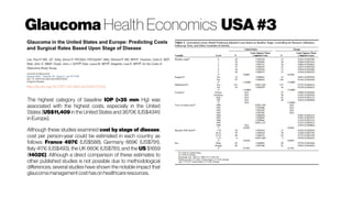 Glaucoma Health Economics USA#3
http://dx.doi.org/10.1097/IJG.0b013e3180575202
The highest category of baseline IOP (>35 mm Hg) was
associated with the highest costs, especially in the United
States [US$11,409 in the United States and 3670€ (US$4341)
inEurope].
Although these studies examined cost by stage of disease,
cost per person-year could be estimated in each country as
follows: France 497€ (US$588), Germany 669€ (US$791),
Italy 417€ (US$493), the UK 660€ (US$781), and the US $1659
(1402€). Although a direct comparison of these estimates to
other published studies is not possible due to methodological
differences, several studies have shown the notable impact that
glaucomamanagementcosthasonhealthcareresources.
 