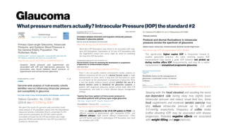 Glaucoma
Whatpressuremattersactually?IntraocularPressure(IOP)thestandard#2
http://dx.doi.org/10.1016/S0161-6420(95)31054-8
Systemic blood pressure and hypertension are
associated with IOP and high-tension glaucoma. No
association was found between blood pressure or
hypertension and normal-tension glaucoma.
Nature Genetics 46, 1126–1130
(2014) doi:10.1038/ng.3087
We report the results of a genome-wide association study
meta-analysis of 18 population cohorts from the International
Glaucoma Genetics Consortium (IGGC), comprising 35,296
multi-ancestry participants for IOP. We confirm genetic
association of known loci for IOP and primary open-angle
glaucoma (POAG) and identify four new IOP-associated loci
located on chromosome
https://dx.doi.org/10.2147%2FOPTH.S116859
Short-term IOP fluctuations were found to be associated with long-
term IOP fluctuations. Examination of 24-hour IOP fluctuations with
the Triggerfish® contact lens sensor might be useful for predicting
the long-term IOP fluctuation.
There is very low quality evidence (retrospective studies, patients on
different treatments) for the use of a diurnal tension curve or single
measurements to assess short or long-term IOP fluctuation or mean
as a risk factor for the development or progression of glaucoma. There
is very low quality evidence (expert opinion) whether the use of a
diurnal tension curve is beneficial for glaucoma suspects or
patients with progressive glaucoma, despite normal single office IOP
measurements, and leads to a more effective disease management
strategy.
https://www.ncbi.nlm.nih.gov/pubmed/23074414
http://dx.doi.org/10.1111/aos.12963
There was some regularity in the 24-hr IOP pattern in POAG, but
different severities of glaucomatous optic neuropathy (GON) and
different subtypes might present different characteristics. Other
non-IOP factors may lead to pathological IOP fluctuation and could
be correlated with GON.
http://dx.doi.org/10.1136/bjophthalmol-2015-306861
The significantly higher supine IOP is frequently missed in
routine glaucoma practice. An early morning supine IOP
measurement may reveal a peak IOP hitherto not picked up
during routine office IOP measurements, and may be a useful
measurement in unexplained progressive glaucoma.
First Online: 14 October 2016
http://dx.doi.org/:10.1007/s00417-016-3518-4
Sleeping with the head elevated and avoiding the worst
eye-dependent side during sleep may slightly lower
intraocular pressure and reduce visual field loss. Some
food supplements and moderate aerobic exercise may
also reduce intraocular pressure up to 2.0 and
3.0 mmHg, respectively. Frequency of coffee intake
(coffee elevating IOP) may be associated with disease
progression. Potential negative effects are associated
with weight-lifting and yoga exercises.
 