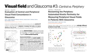 Visualfield andGlaucoma#3: Centralvs.Periphery
http://dx.doi.org/10.1167/iovs.16-19868
Patients with similar central visual field loss can have strikingly different
peripheral visual fields, and therefore measuring the peripheral visual field
may add clinically valuable information.
Relationship between global summary measures of
peripheral visual field (MIR) and central visual field
damage (MD). Each data point shows the mean of
the two repeated tests. The Spearman rank order
correlation coefficient was 0.51 (95% CI: 0.18, 0.74).
Central visual field damage test-retest
differences
Peripheral visual field damage test-retest
differences
http://dx.doi.org/10.1167/iovs.15-19053
Central 24-2 testing generally reflects the extent of damage to the more peripheral VF
in glaucoma, although significant disagreement exists for individual eyes. Further work is
needed to determine whether integration of peripheral test points can improve
detection of true VF loss in early glaucoma or be useful in monitoring progressive
glaucomatous damage to areas of preserved VF in advanced glaucoma.
At more advanced stages of disease, we found that
the percentage of abnormal central points exceeded
the percentage of abnormal peripheral points,
suggesting relativeperipheralsparing.
Several practical limitations remain with regard to evaluation of the
peripheral VF. Normal subjects have greater variability at more
peripheral points, likely reflecting variations in the normal hill of vision, and
pointwise variability in the peripheral VF is believed to be greater in the
superior and nasal quadrants, regions frequently affected by early
glaucoma. Additionally, central 24-2 testing takeslesstime, leading
to decreased patient fatigue, and has been shown to pick up a
reasonable amount of early disease by itself. Finally, more false
positives may occur in testing of the far peripheral VF, leading to more
spurious defects. Ideal algorithms to test the far peripheral VF would
initially test only a few peripheral points in eyes with little or no central
defects and then perform further testing of the peripheral VF if abnormal
points are observed. Considerations should also be given to peripheral
testing in patients with advanced central loss in whom standard 24-2 or
10-2testsareunlikelyto detectfurtherprogression.
 