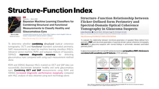 Structure-FunctionIndex
http://dx.doi.org/10.1167/iovs.07-1083
To determine whether combining structural (optical coherence
tomography, OCT) and functional (standard automated perimetry,
SAP) measurements as input for machine learning classifiers (MLCs;
relevance vector machine, RVM; and subspace mixture of Gaussians,
SSMoG) improves diagnostic accuracy for detecting
glaucomatous eyes compared with using each measurement method
alone.
RVM and SSMoG Bayesian MLCs trained on OCT and SAP data can
successfully discriminate between healthy and early glaucomatous
eyes. Combining OCT and SAP measurements using RVM and
SSMoG increased diagnostic performance marginally compared
with MLC analysis of data obtained using each technology alone.
http://dx.doi.org/10.1080/02713683.2016.1190848
To evaluate the relationship between functional parameters of repeated flicker-defined form
perimetry (FDF) and structural parameters of spectral-domain optical coherence tomography
(SD-OCT) in glaucoma suspects with normal findings in achromatic standard automated
perimetry(SAP).
In glaucoma suspects with normal SAP, global and sectoral peripapillary RNFL thickness is
correlatedwithsensitivityandVFdefects in FDFperimetry.
 