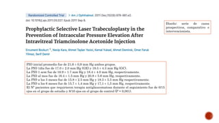 PIO inicial promedio fue de 21,6 ± 0,9 mm Hg ambos grupos.
La PIO 1día fue de 17.0 ± 2.0 mm Hg (GE) y 19.5 ± 4.3 mm Hg (GC).
La PIO 1 sem fue de 16.9 ± 1.7 mm Hg y 18.4 ± 4.0 mm Hg, respectivamente.
La PIO al mes fue de 16.4 ± 1.5 mm Hg y 20.8 ± 5.6 mm Hg, respectivamente.
La PIO a los 3 meses fue de 15.8 ± 2.5 mm Hg y 18.3 ± 5.5 mm Hg respectivamente.
La PIO a los 6 meses fue de 15,7 ± 1,4 mm Hg y 17,1 ± 1,5 mm Hg, respectivamente.
El Nº pacientes que requirieron terapia antiglaucomatosa durante el seguimiento fue de 0/15
ojos en el grupo de estudio y 8/16 ojos en el grupo de control (P = 0,001).
Diseño: serie de casos
prospectivos, comparativo e
intervencionista.
 
