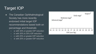 Target IOP
● The Canadian Ophthalmological
Society has more recently
endorsed initial target IOP
recommendations based both on
percentage and threshold.
○ a: with 30% or greater IOP reduction
○ b: with 30% to 35% IOP reduction
○ c: with 25% or greater IOP reduction
○ d: with 20% or greater IOP reduction
 