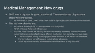 Medical Management: New drugs
● 2018 was a big year for glaucoma drops! Two new classes of glaucoma
drops were introduced.
○ It’s been over 20 years (1996) since a new class of topical glaucoma medication was released.
● The two new classes are:
○ Nitric Oxide donating PGA’s: Latanoprostene bunod (Vyzulta)
○ ROCK-inhibitors: Netarsudil (Rhopressa)
○ Both new drugs classes are exciting because they work by increasing outflow of aqueous
humor via the conventional pathway; a different mechanism from currently used eye drops.
■ They accomplish this by inhibiting cytoskeletal activation in the trabecular meshwork,
thereby reducing cell stiffness and reducing focal adhesions.
■ As an adjunctive therapy, a different mechanism of action is very favorable.
 