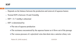 IOP
3/26/2024
Rebira W. (AHN student)
 Depends on the balance between the production and removal of aqueous humor.
 Normal IOP is between 10 and 21mmHg
 IOP > 21.7 mmHg is abnormal
 IOP is determined by:
The rate of aqueous production
The resistance encountered by the aqueous humor as it flows out of the passage
The venous pressure of z episcleral veins that drain into z anterior ciliary vein
19
 