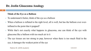 Dr. Joslin Glaucoma Analogy
3/26/2024
Think of the Eye as a Balloon
 To understand it better, think of the eye as a balloon
 When a balloon is inflated to the right level, all is well, but has the balloon ever over-
inflated to the point that it popped?
 While that’s not exactly what happens in glaucoma, one can think of the eye with
glaucoma like a balloon with too much air in it
 The eye tissues are too strong to pop, however when there is too much fluid in the
eye, it damages the weakest point of the eye
Rebira W. (AHN student)
20
 