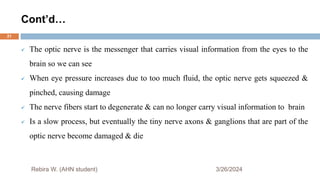 Cont’d…
3/26/2024
 The optic nerve is the messenger that carries visual information from the eyes to the
brain so we can see
 When eye pressure increases due to too much fluid, the optic nerve gets squeezed &
pinched, causing damage
 The nerve fibers start to degenerate & can no longer carry visual information to brain
 Is a slow process, but eventually the tiny nerve axons & ganglions that are part of the
optic nerve become damaged & die
Rebira W. (AHN student)
21
 