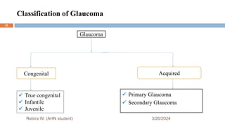 Congenital Acquired
 True congenital
 Infantile
 Juvenile
 Primary Glaucoma
 Secondary Glaucoma
Classification of Glaucoma
3/26/2024
Rebira W. (AHN student)
Glaucoma
33
 