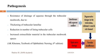 Pathogenesis
3/26/2024
Rebira W. (AHN student)
 Resistance of drainage of aqueous through the trabecular
meshwork, due to:
o Thickening of trabecular lamellae
o Reduction in number of lining trabecular cells
o Increased extracellular material in the trabecular meshwork
spaces
(AK Khurana, Textbook of Ophthalmic Nursing, 6th edition)
43
 