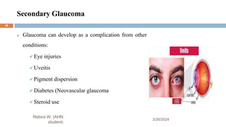 Secondary Glaucoma
3/26/2024
Rebira W. (AHN
student)
 Glaucoma can develop as a complication from other
conditions:
 Eye injuries
 Uveitis
 Pigment dispersion
 Diabetes (Neovascular glaucoma
 Steroid use
48
 
