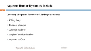Aqueous Humor Dynamics Include:
3/26/2024
Rebira W. (AHN student)
Anatomy of aqueous formation & drainage structures
 Ciliary body
 Posterior chamber
 Anterior chamber
 Angle of anterior chamber
 Aqueous outflow
6
 