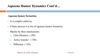 Aqueous Humor Dynamics Cont’d…
3/26/2024
Rebira W. (AHN student)
Aqueous humor formation
 Is a complex pathway
 Ciliary process is a site of aqueous humor formation
 Mainly by three mechanisms:
1) Ultra filtration→ 20%
2) Active transfer → 70%
3) Diffusion→ 10%
8
 
