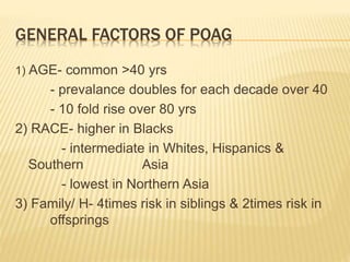 GENERAL FACTORS OF POAG
1) AGE- common >40 yrs
- prevalance doubles for each decade over 40
- 10 fold rise over 80 yrs
2) RACE- higher in Blacks
- intermediate in Whites, Hispanics &
Southern Asia
- lowest in Northern Asia
3) Family/ H- 4times risk in siblings & 2times risk in
offsprings
 