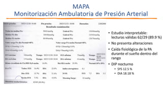 MAPA
Monitorización Ambulatoria de Presión Arterial
• Estudio interpretable:
lecturas válidas 62/29 (89.9 %)
• No presenta alteraciones
• Caída fisiológica de la PA
durante el sueño dentro del
rango
• DIP nocturno
• SYS 12.5 %
• DIA 18.18 %
 