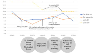0.00
2.00
4.00
6.00
8.00
10.00
12.00
14.00
16.00
18.00
20.00
24/08/21 29/09/21 04/10/21 15/10/21 14/06/22 22/12/23 29/12/23
Ojo derecho
Ojo izquierdo
Meta OI
Meta OD
AO Krytantek BID OD Prueba de sobrecarga hídrica positiva
AO Fluctuaciones amplias en iCare 24h
Se actualiza PIO
meta de OD
AO Gaap QD
OD Krytantek BID
OD GPAA de
tensión
normal
Moderado /
Severo
OI sospecha
de glaucoma
IOP meta
OD
14 mm Hg
OI
20 mm Hg
Tratamiento
AO Gaap QD
OD
Krytantek
BID
 