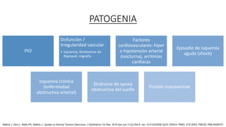 PATOGENIA
PIO
Disfunción /
Irregularidad vascular
• Isquemia, fenómenos de
Raynaud, migraña
Factores
cardiovasculares: hiper
o hipotensión arterial
(nocturna), arritmias
cardíacas
Episodio de isquemia
aguda (shock)
Isquemia crónica
(enfermedad
obstructiva arterial)
Síndrome de apnea
obstructiva del sueño
Presión translaminar
Mallick J, Devi L, Malik PK, Mallick J. Update on Normal Tension Glaucoma. J Ophthalmic Vis Res. 2016 Apr-Jun;11(2):204-8. doi: 10.4103/2008-322X.183914. PMID: 27413503; PMCID: PMC4926570
 