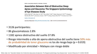 • 3126 participantes:
• 86 glaucomatosos 2.8%
• 1182 apnea obstructiva del sueño 37.8%
• Riesgo intermedio a alto de apena obstructiva del sueño tiene 50% más
de probabilidad de tener glaucoma vs los de riesgo bajo (p = 0.019)
• Modificado por etnicidad = Malayos con riesgo doble
Mehta, Anjali, et al. "Association between risk of obstructive sleep apnea and glaucoma: The Singapore epidemiology of eye diseases study." Journal of Glaucoma 31.12 (2022): 935-940.
 