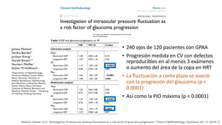 Matlach, Juliane, et al. "Investigation of intraocular pressure fluctuation as a risk factor of glaucoma progression." Clinical Ophthalmology (Auckland, NZ) 13 (2019): 9.
• 240 ojos de 120 pacientes con GPAA
• Progresión medida en CV con defectos
reproducibles en al menos 3 exámenes
o aumento del área de la copa en HRT
• La fluctuación a corto plazo se asoció
con la progresión del glaucoma (p <
0.0001)
• Así como la PIO máxima (p < 0.0001)
 