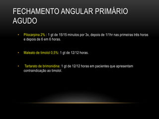 FECHAMENTO ANGULAR PRIMÁRIO
AGUDO
• Pilocarpina 2% : 1 gt de 15/15 minutos por 3x, depois de 1/1hr nas primeiras três horas
e depois de 6 em 6 horas.
• Maleato de timolol 0,5%: 1 gt de 12/12 horas.
• Tartarato de brimonidina: 1 gt de 12/12 horas em pacientes que apresentam
contraindicação ao timolol.
 