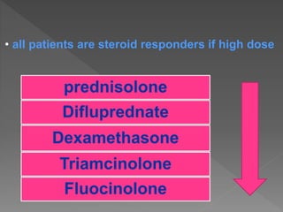 • all patients are steroid responders if high dose
prednisolone
Difluprednate
Dexamethasone
Triamcinolone
Fluocinolone
 